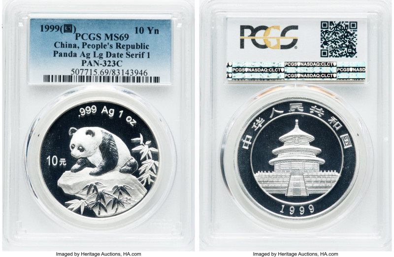 People's Republic silver "Panda" 10 Yuan (1 oz) 1999 MS69 PCGS, KM1216, PAN-323C...