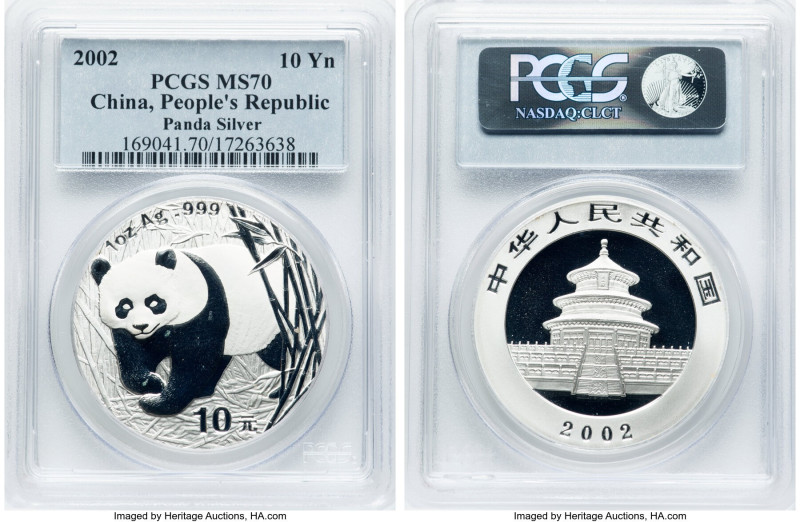 People's Republic silver "Panda" 10 Yuan (1 oz) 2002 MS70 PCGS, KM1365, PAN-358A...