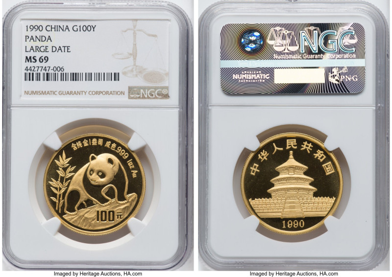 People's Republic gold "Panda" 100 Yuan (1 oz) 1990 MS69 NGC, KM272, PAN-118A. L...