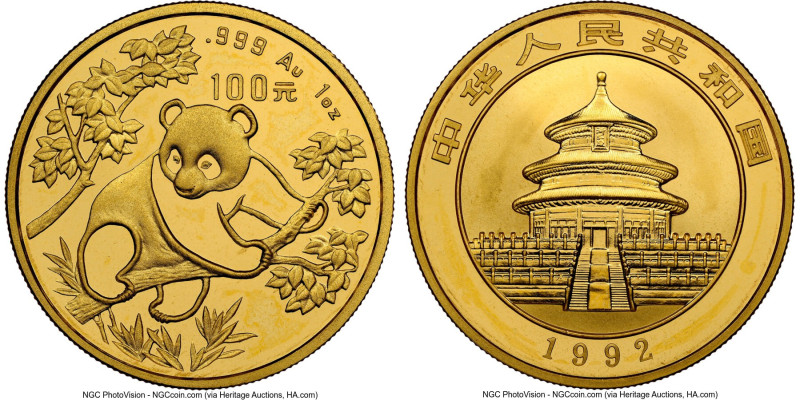 People's Republic gold "Panda" 100 Yuan (1 oz) 1992 MS69 NGC, KM395, PAN-168B. S...