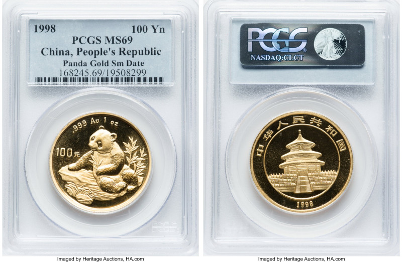 People's Republic gold "Panda" 100 Yuan (1 oz) 1998 MS69 PCGS, KM1130, PAN-303A....