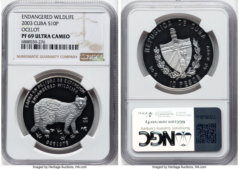 Republic silver Proof "Ocelot" 10 Pesos 2003 PR69 Ultra Cameo NGC, Havana mint, ...