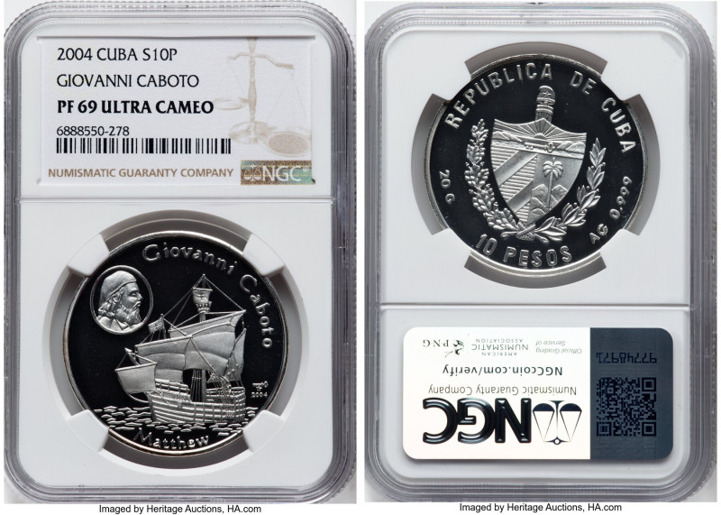 Republic silver Proof "Giovanni Caboto" 10 Pesos 2004 PR69 Ultra Cameo NGC, Hava...