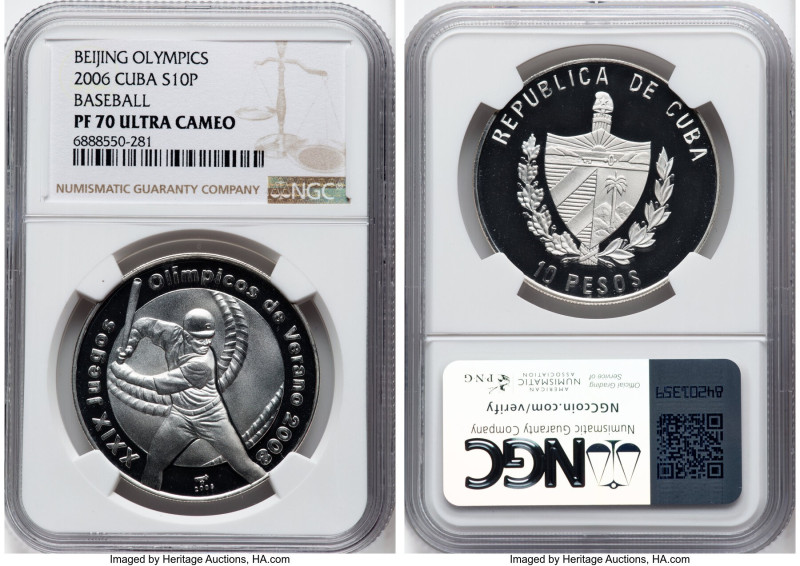 Republic silver Proof "Baseball" 10 Pesos 2006 PR70 Ultra Cameo NGC, Havana mint...