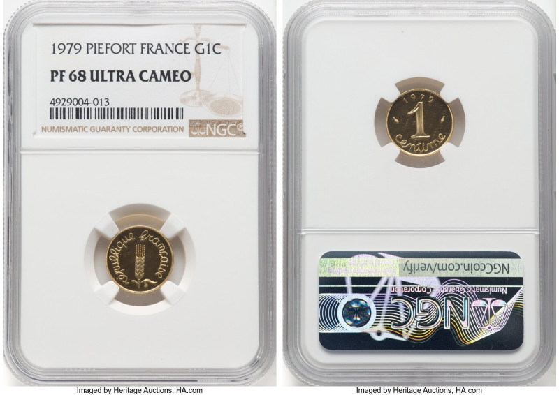 Republic gold Proof Piefort Centime 1979 PR68 Ultra Cameo NGC, Paris mint, KM-P6...