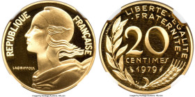 Republic gold Proof Piefort 20 Centimes 1979 PR69 Ultra Cameo NGC, Paris mint, KM-P633, GEM-56.P3. Mintage: 300. It is not easy to locate this wonderf...