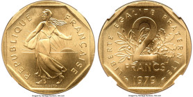 Republic gold Proof Piefort 2 Francs 1979 PR69 NGC, Paris mint, KM-P642, GEM-123.P3. Mintage: 600. A luxuriously smooth Proof "Semeuse" Piefort, just ...