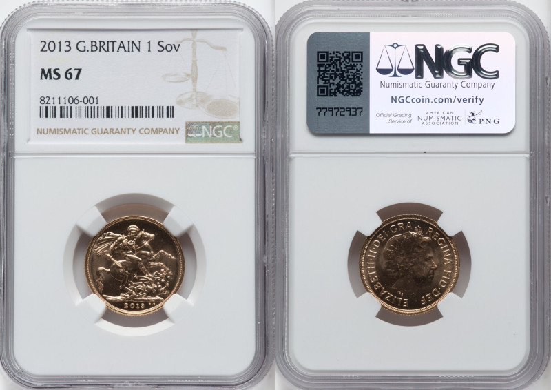 Elizabeth II gold Sovereign 2013 MS67 NGC, British Royal Mint, KM1002.1. HID0980...