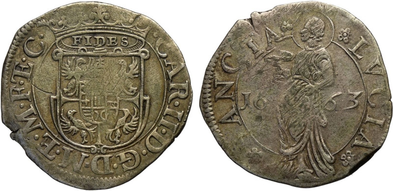 Mantova, Carlo II Gonzaga/Nevers (1647-1665), Lira 1663, Rara MIR-701 Ag 27,5 mm...