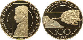 Città del Vaticano, Benedetto XVI (2005-2013), 100 Euro 2008, Tiratura: 960, Au (.917) 35 mm 30 g. E' la prima emissione di questo nominale, In box or...