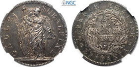 Torino, Repubblica Subalpina (1800-1802), 5 Franchi L'AN 10 (1802), Rara Ag 37 mm, alta qualità per la tipologia con bella patina, in Slab NGC MS62