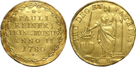 Venezia, Paolo Renier (1779-1789), Osella in oro da 4 Zecchini 1780-II, RRR Au 33 mm 13,70 g, traccia di appiccagnolo altrimenti q.SPL