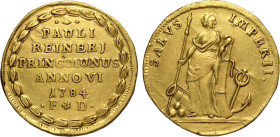 Venezia, Paolo Renier (1779-1789), Osella in oro da 4 Zecchini 1784-VI, RRR Au 31 mm 13,58 g, restauri per provenienza da incastonatura altrimenti BB