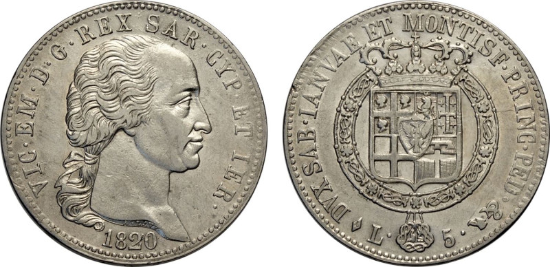 Savoia, Vittorio Emanuele I (1802-1821), 5 Lire 1820, Rara Ag 37 mm, BB+