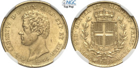 Savoia, Carlo Alberto (1831-1849), 20 Lire 1845 Torino, Au 21 mm 6,45 g, di alta conservazione per il millesimo, in Slab NGC MS62 Top Pop! (cert. 6648...