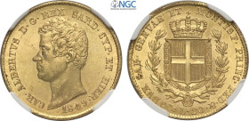Savoia, Carlo Alberto (1831-1849), 20 Lire 1849 Genova, Au 21 mm 6,45 g, di gran qualità, in Slab NGC MS64 (cert. 6648392013 second best grade)
