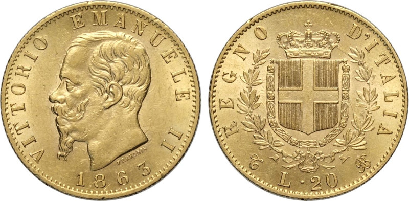 Regno d'Italia, Vittorio Emanuele II (1861-1878), 20 Lire 1863 Torino, Au 21 mm ...