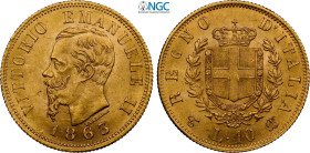 Regno d'Italia, Vittorio Emanuele II (1861-1878), 10 Lire 1863 Torino, Au 18,5 mm 3,22 g, in Slab NGC MS63
