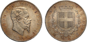 Regno d'Italia, Vittorio Emanuele II (1861-1878), 5 Lire 1865 Torino, Rara Ag 37 mm 25 g, alta conservazione, SPL-FDC
