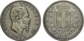 Regno d'Italia, Vittorio Emanuele II (1861-1878), 5 Lire 1873 Roma, RRR Ag 37 mm 25 g, sigillata da C. Varesi, ritocchi al bulino