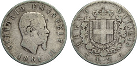 Regno d'Italia, Vittorio Emanuele II (1861-1878), 2 Lire 1861 Torino, RRR Ag 27 mm 9,72 g, MB