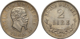 Regno d'Italia, Vittorio Emanuele II (1861-1878), 2 Lire 1863 Napoli "valore", Ag 27 mm, impercettibile pulitura, SPL-FDC