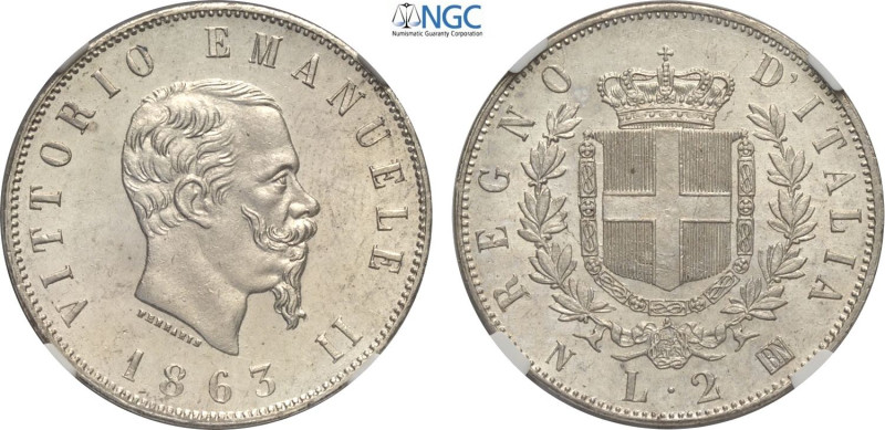 Regno d'Italia, Vittorio Emanuele II (1861-1878), 2 Lire 1863 Napoli "stemma", A...
