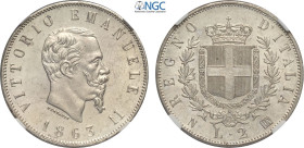 Regno d'Italia, Vittorio Emanuele II (1861-1878), 2 Lire 1863 Napoli "stemma", Ag 27 mm 10 g, in Slab NGC MS63