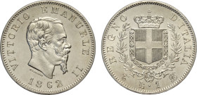 Regno d'Italia, Vittorio Emanuele II (1861-1878), Lira 1862 Torino, RR Ag 23 mm, moneta spatinata ma di gran qualità specie per il millesimo, q.FDC