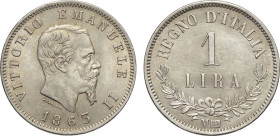 Regno d'Italia, Vittorio Emanuele II (1861-1878), Lira 1863 Milano "valore", Ag 23 mm, minima pulitura ma di alta qualità, SPL-FDC