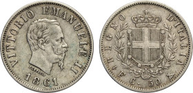 Regno d'Italia, Vittorio Emanuele II (1861-1878), 50 Centesimi 1861 Firenze, RR Ag 18 mm, BB+