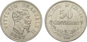 Regno d'Italia, Vittorio Emanuele II (1861-1878), 50 Centesimi 1867 Torino, RRR Ag 18 mm, SPL+