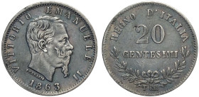 Regno d'Italia, Vittorio Emanuele II (1861-1878), 20 Centesimi 1863-T Torino BN Rovesciato, RRRR Ag 16 mm 0,97 g, BB-SPL