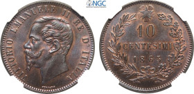 Regno d'Italia, Vittorio Emanuele II (1861-1878), 10 Centesimi 1863 senza segno di zecca, Cu 30 mm, in Slab NGC MS66 BN (cert. 8234205007)