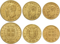 Regno d'Italia, Vittorio Emanuele II (1861-1878), serietta in oro 1863 (3): 20 Lire, 10 Lire, 5 Lire. BB/BB+
