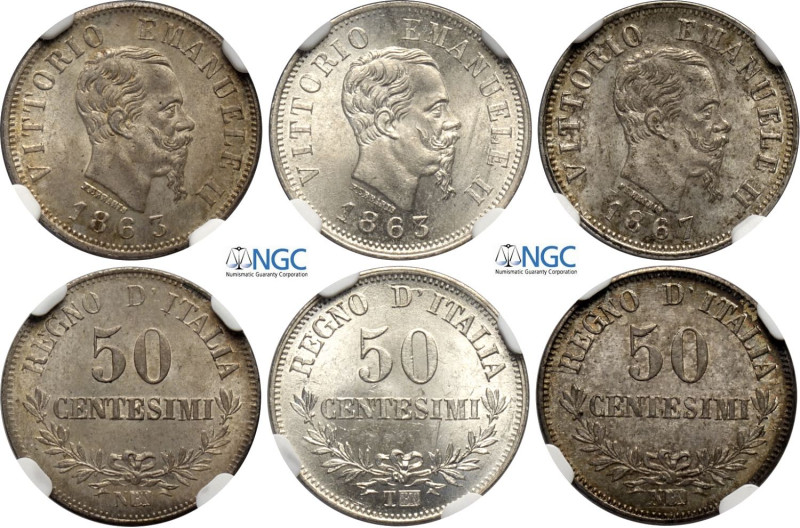 Regno d'Italia, Vittorio Emanuele II (1861-1878), Lotto di 3 monete da 50 Centes...