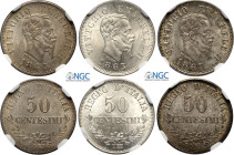 Regno d'Italia, Vittorio Emanuele II (1861-1878), Lotto di 3 monete da 50 Centesimi valore in Slab NGC: 1863-N (MS64), 1863-T (MS64), 1867-N (MS64)