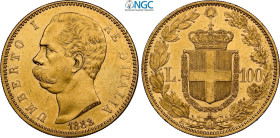 Regno d'Italia, Umberto I (1878-1900), 100 Lire 1883, Rara Au 35 mm 32,25 g, in Slab NGC AU-rim filing (modesta abrasione al bordo)