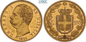 Regno d'Italia, Umberto I (1878-1900), 100 Lire 1891, tiratura di 209 esemplari, RRR Au 35 mm 32,25 g, fondi speculari, in Slab NGC MS61 PL