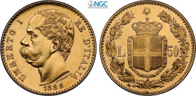 Regno d'Italia, Umberto I (1878-1900), 50 Lire 1888, tiratura di 2125 esemplari, RR Au 28 mm 16,12 g, in Slab NGC UNC-cleaned