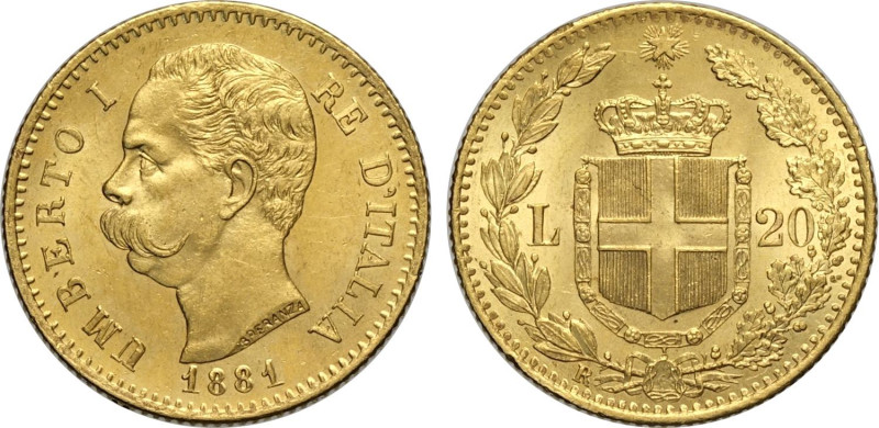 Regno d'Italia, Umberto I (1878-1900), 20 Lire 1881, Au 21 mm 6,43 g, q.FDC