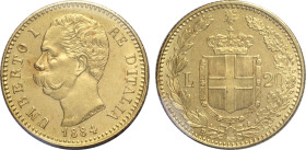 Regno d'Italia, Umberto I (1878-1900), 20 Lire 1884, RR Au 21 mm 6,45 g, sigillata q.FDC da Perito numismatico