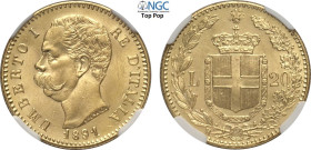 Regno d'Italia, Umberto I (1878-1900), 20 Lire 1891, Au 21 mm 6,45 g, in Slab NGC MS65 Top Pop! (cert. 2789370007)