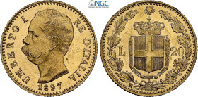 Regno d'Italia, Umberto I (1878-1900), 20 Lire 1897, Rara Au 21 mm 6,45 g, in Slab NGC MS63