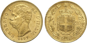 Regno d'Italia, Umberto I (1878-1900), 20 Lire 1897, Rara Au 21 mm 6,45 g, fondi speculari, SPL-FDC