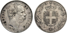 Regno d'Italia, Umberto I (1878-1900), 5 Lire 1878, RR Ag 37 mm, un lieve colpetto, BB+