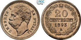 Regno d'Italia, Umberto I (1878-1900), 20 Centesimi 1893 Prova, RRRR Pag-128 Cu-Ni 20 mm 4 g, di rara apparizione sul mercato, in Slab NGC MS62 Top Po...