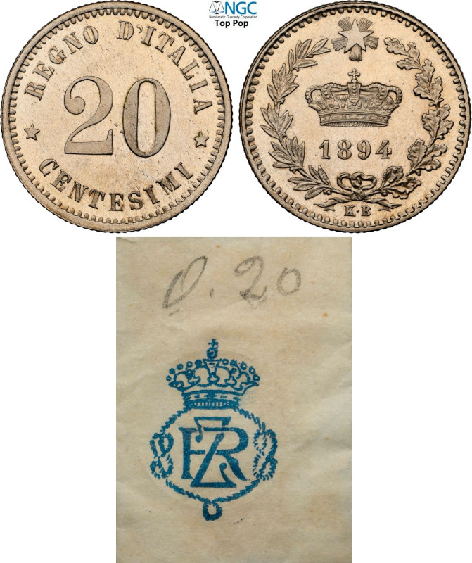 Regno d'Italia, Umberto I (1878-1900), 20 Centesimi 1894-KB Prova, RRRR Pag- (cf...