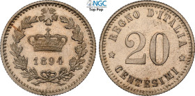 Regno d'Italia, Umberto I (1878-1900), 20 Centesimi 1894-R Prova, Pag-130 Cu-Ni 21 mm 4 g, in Slab NGC MS65 Top Pop! (cert. 6647292015)