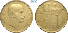 Regno d'Italia, Vittorio Emanuele III (1900-1943), 100 Lire 1903 Prova in rame dorato, Rara Pag-139 Cu 35 mm 17 g, in Slab NGC MS62 Matte (cert. 66473...